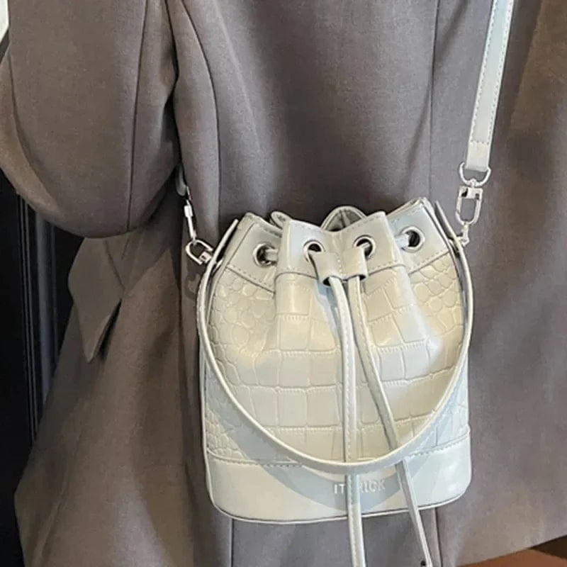 2025 New Trendy Women's Drawstring Tote Bag - Vintage Stone Texture Crossbody Satchel with Retro Minimalist Design