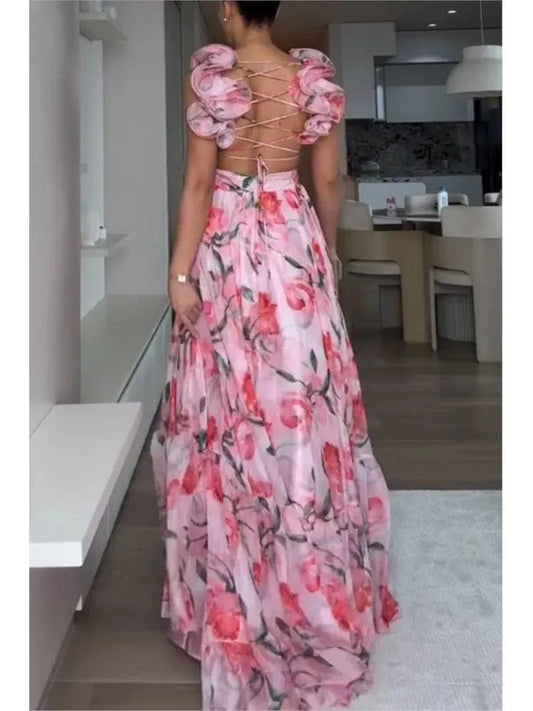 2025 Sexy Printed Chiffon Long Dress Summer Fashion Elegant V Neck Ruffles Edge Slim Vacation Sleeveless Backless Party Dresses