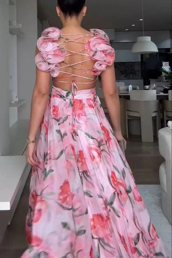 2025 Sexy Printed Chiffon Long Dress Summer Fashion Elegant V Neck Ruffles Edge Slim Vacation Sleeveless Backless Party Dresses