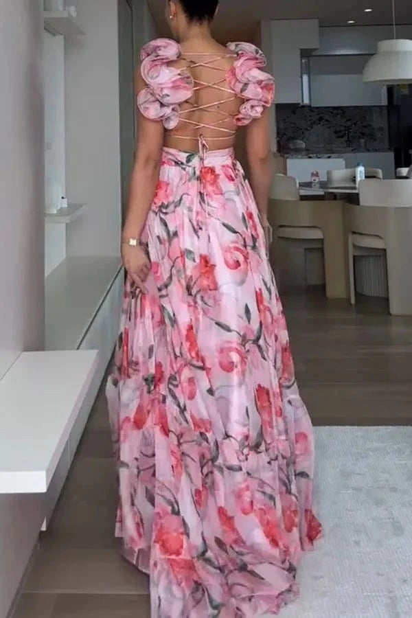 2025 Sexy Printed Chiffon Long Dress Summer Fashion Elegant V Neck Ruffles Edge Slim Vacation Sleeveless Backless Party Dresses