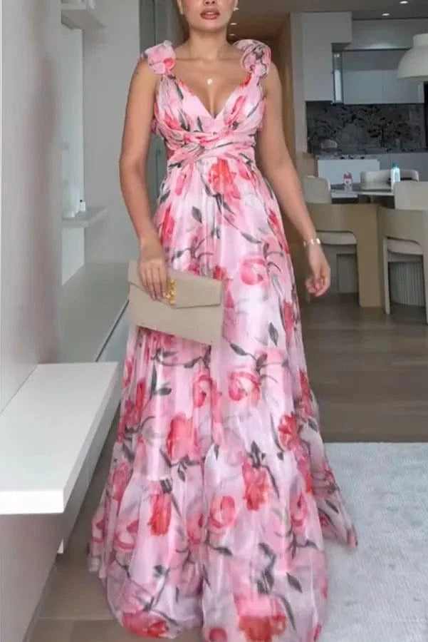 2025 Sexy Printed Chiffon Long Dress Summer Fashion Elegant V Neck Ruffles Edge Slim Vacation Sleeveless Backless Party Dresses