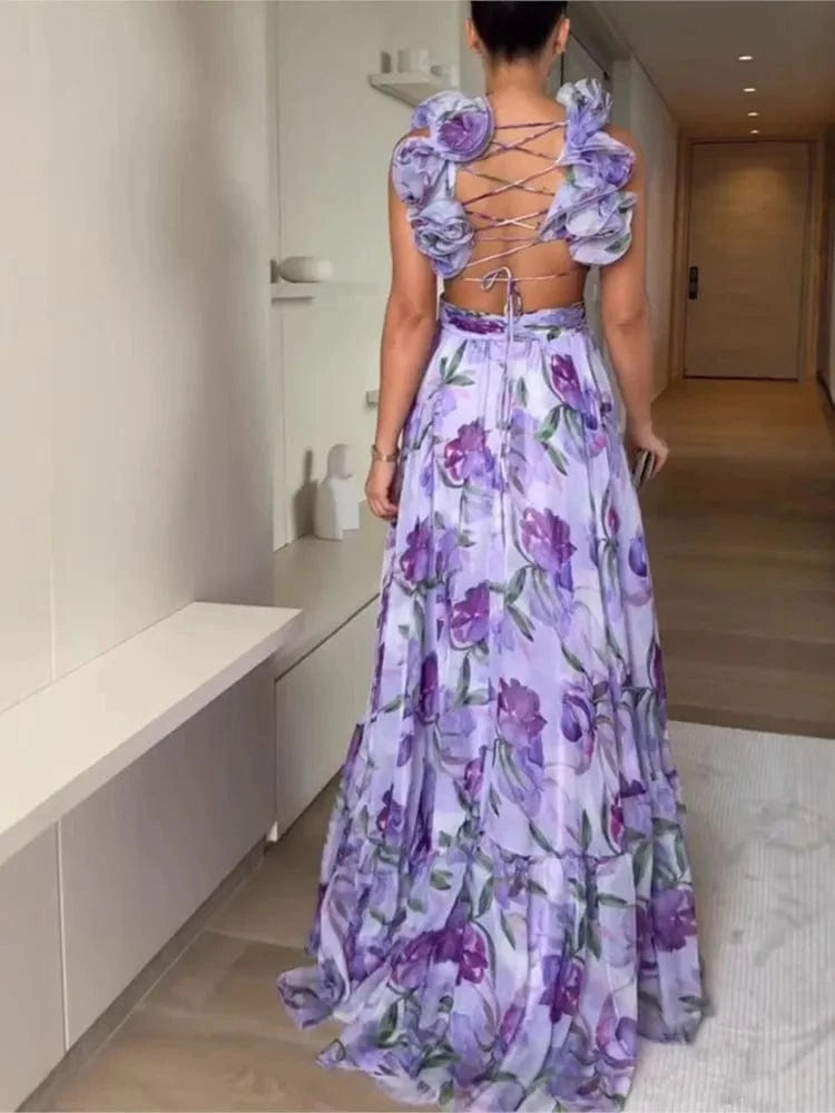 2025 Sexy Printed Chiffon Long Dress Summer Fashion Elegant V Neck Ruffles Edge Slim Vacation Sleeveless Backless Party Dresses