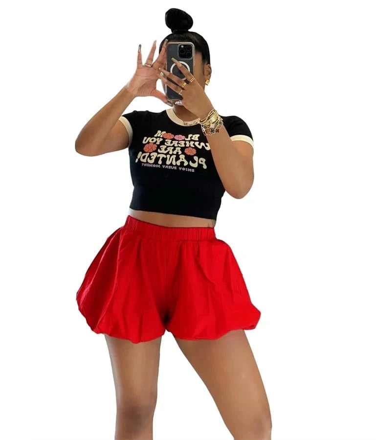 2025 spring latest design female women lady solid color elegant lounge wear puff red blue bubble fabric baddie shorts for women