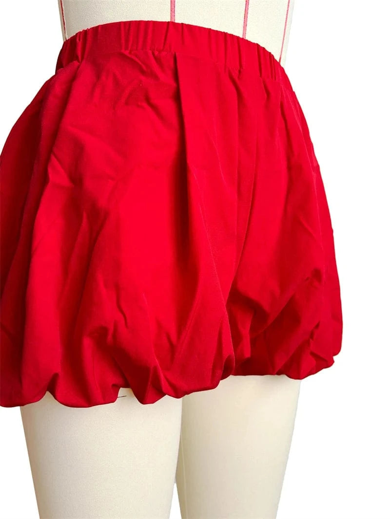 2025 spring latest design female women lady solid color elegant lounge wear puff red blue bubble fabric baddie shorts for women