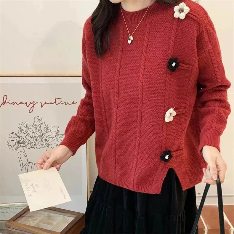 2025 Spring new arrival fashion lady crew neck long sleeve flower decorative high quality jumper