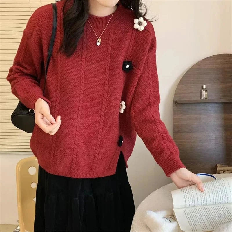 2025 Spring new arrival fashion lady crew neck long sleeve flower decorative high quality jumper