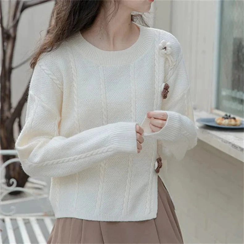 2025 Spring new arrival fashion lady crew neck long sleeve flower decorative high quality jumper