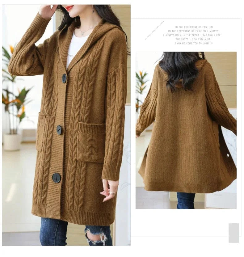 2025 spring new arrival fashion lady v neck long sleeve cable knit hoodies sweater coat