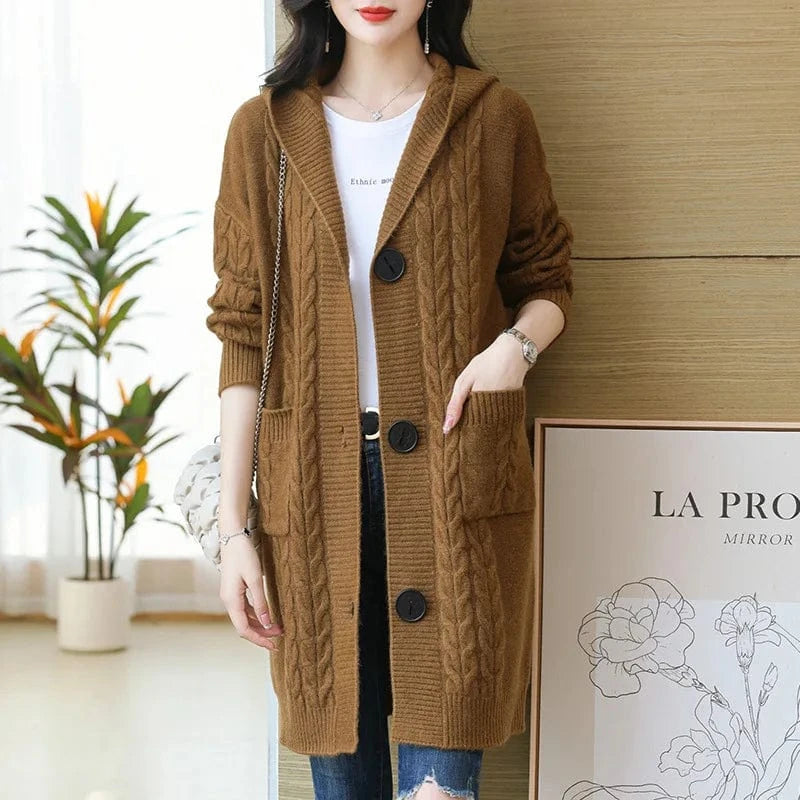 2025 spring new arrival fashion lady v neck long sleeve cable knit hoodies sweater coat