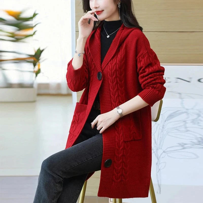 2025 spring new arrival fashion lady v neck long sleeve cable knit hoodies sweater coat