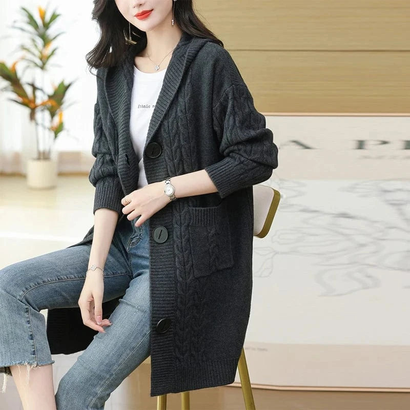 2025 spring new arrival fashion lady v neck long sleeve cable knit hoodies sweater coat
