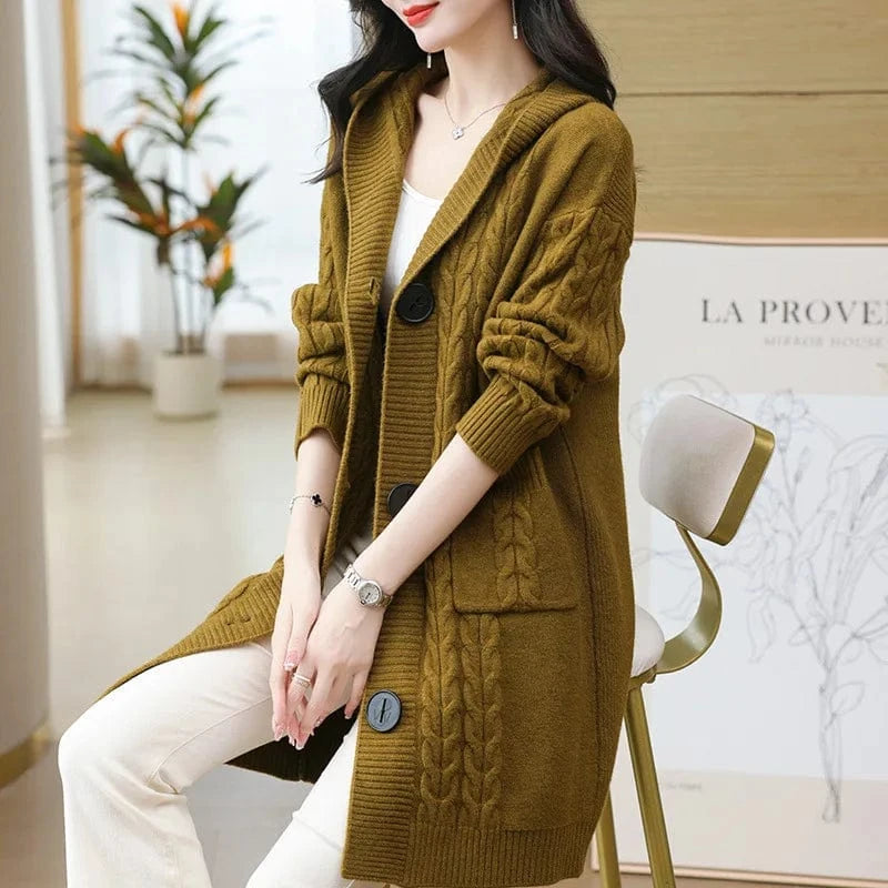2025 spring new arrival fashion lady v neck long sleeve cable knit hoodies sweater coat