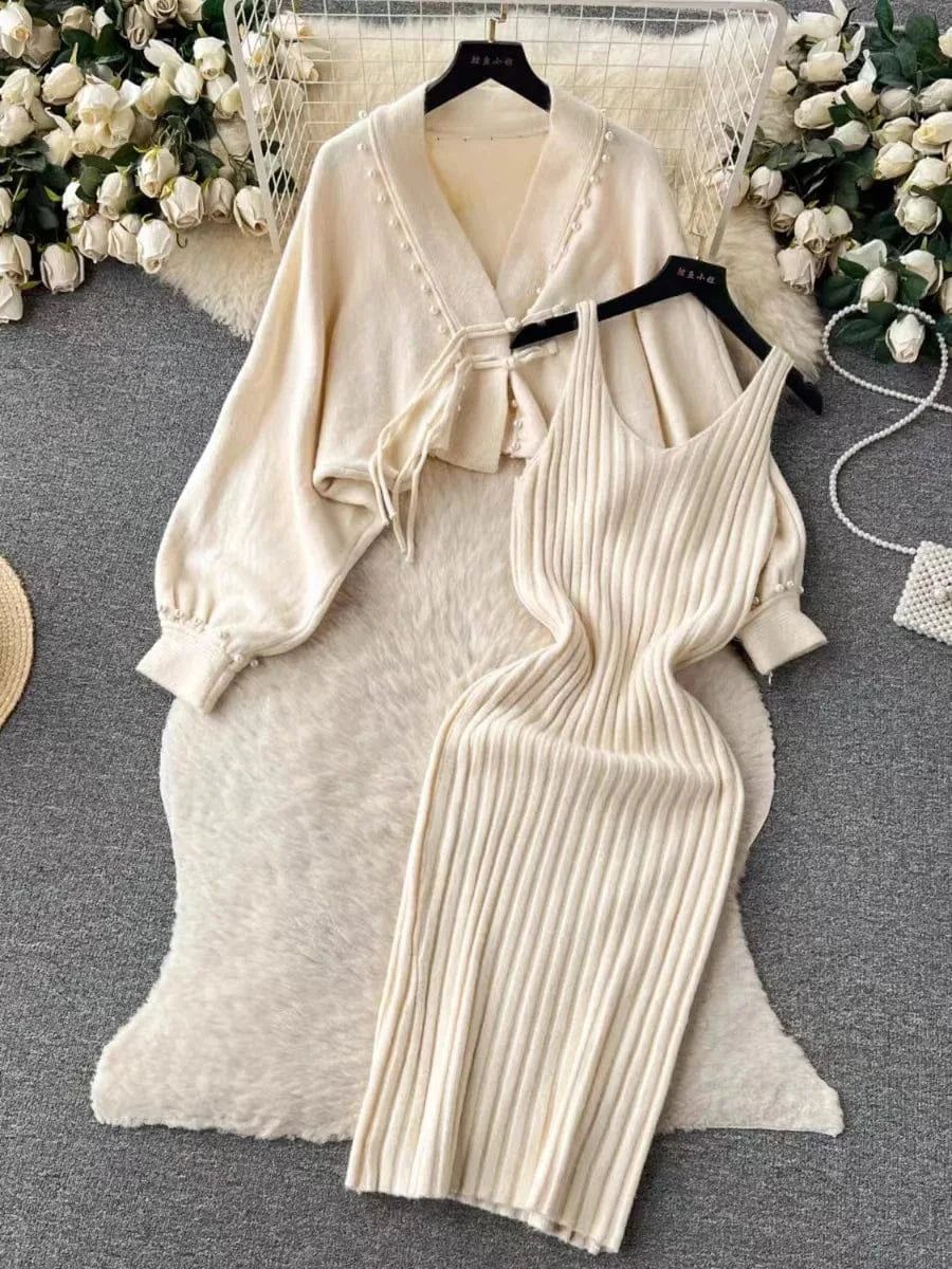 2025 spring new arrival fashion lady v neck sleeveless long dress and v neck batwing sleeve pear decorative sweater dress