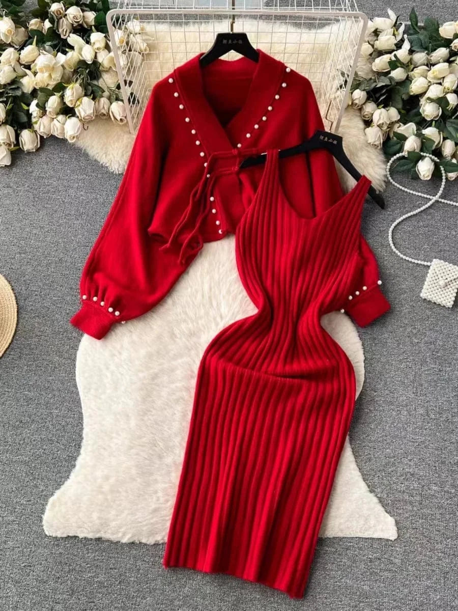 2025 spring new arrival fashion lady v neck sleeveless long dress and v neck batwing sleeve pear decorative sweater dress