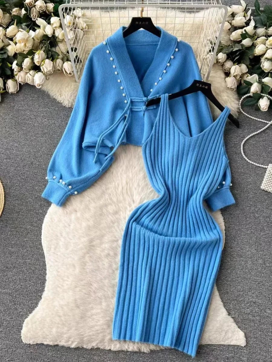 2025 spring new arrival fashion lady v neck sleeveless long dress and v neck batwing sleeve pear decorative sweater dress