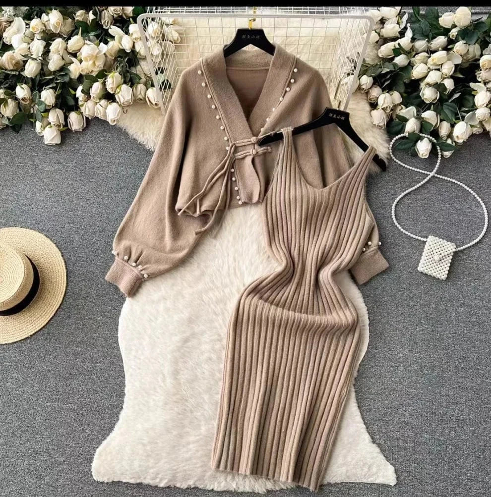 2025 spring new arrival fashion lady v neck sleeveless long dress and v neck batwing sleeve pear decorative sweater dress