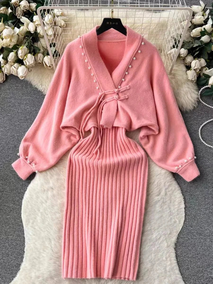 2025 spring new arrival fashion lady v neck sleeveless long dress and v neck batwing sleeve pear decorative sweater dress