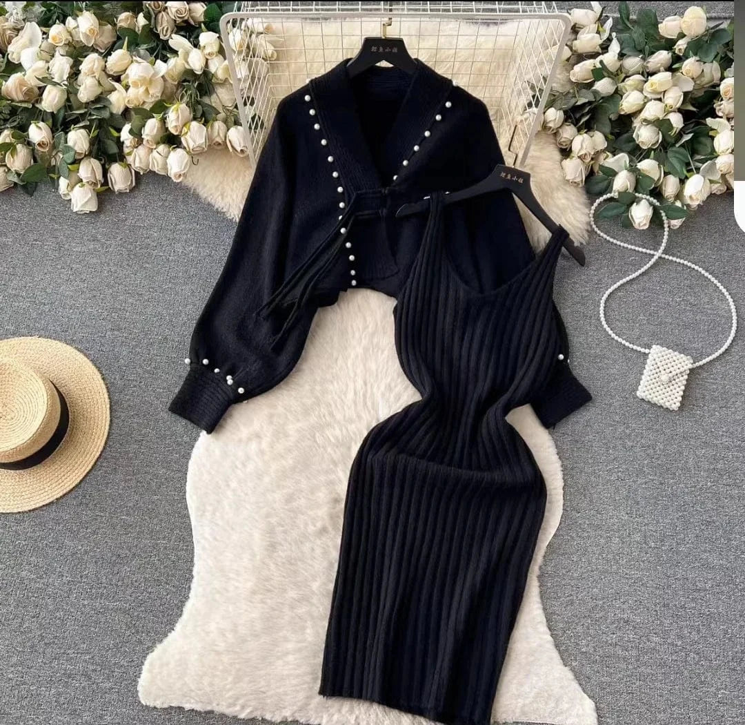 2025 spring new arrival fashion lady v neck sleeveless long dress and v neck batwing sleeve pear decorative sweater dress