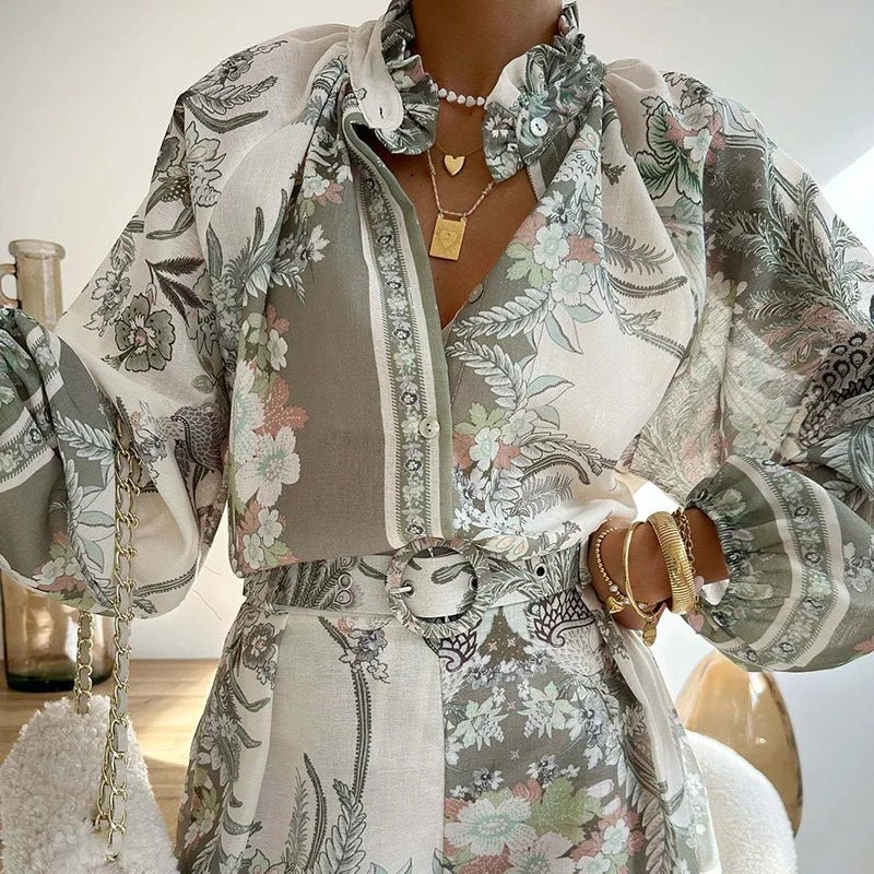 2025 Spring Summer Single - Breasted 2PCS Sets, Women Holiday Long Sleeve Shorts Suits, Printing V Neck Fashion Chic Ladies Outfit - SN Wigs & More