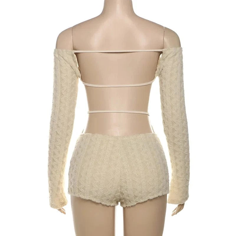 2025 Spring Women's Clothes Above Knee Sexy Knit Rib Romper One Piece Off Shoulder Long Sleeve Skinny Short Jumpsuits Playsuits