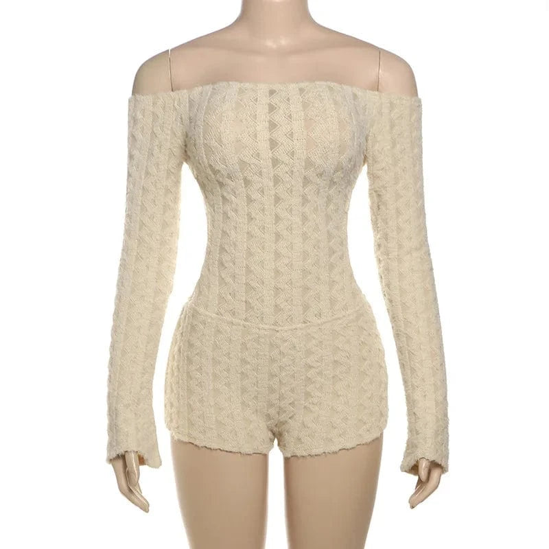 2025 Spring Women's Clothes Above Knee Sexy Knit Rib Romper One Piece Off Shoulder Long Sleeve Skinny Short Jumpsuits Playsuits