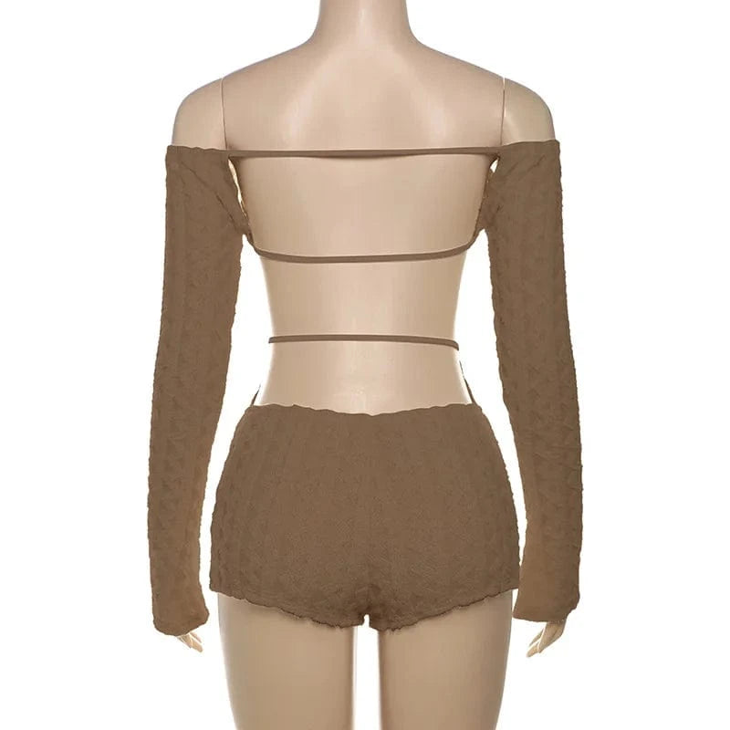 2025 Spring Women's Clothes Above Knee Sexy Knit Rib Romper One Piece Off Shoulder Long Sleeve Skinny Short Jumpsuits Playsuits