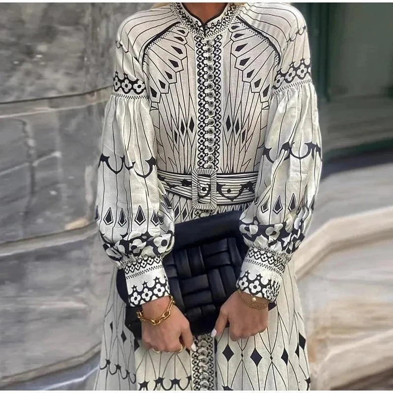 2025 Spring Women Vintage Long Dress Print Sashes Lantern Long sleeve Dresses Female Summer Elegant Fashion Office Lady Clothes