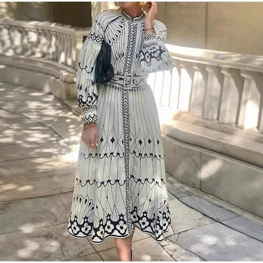 2025 Spring Women Vintage Long Dress Print Sashes Lantern Long sleeve Dresses Female Summer Elegant Fashion Office Lady Clothes
