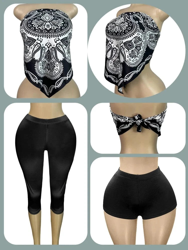 2025 Summer 2 Piece Set Woman Outfits Backless Print Scarf Tops and Shorts Suits Streetwear Sexy Club Two Piece Matching Sets