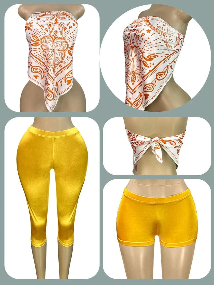 2025 Summer 2 Piece Set Woman Outfits Backless Print Scarf Tops and Shorts Suits Streetwear Sexy Club Two Piece Matching Sets