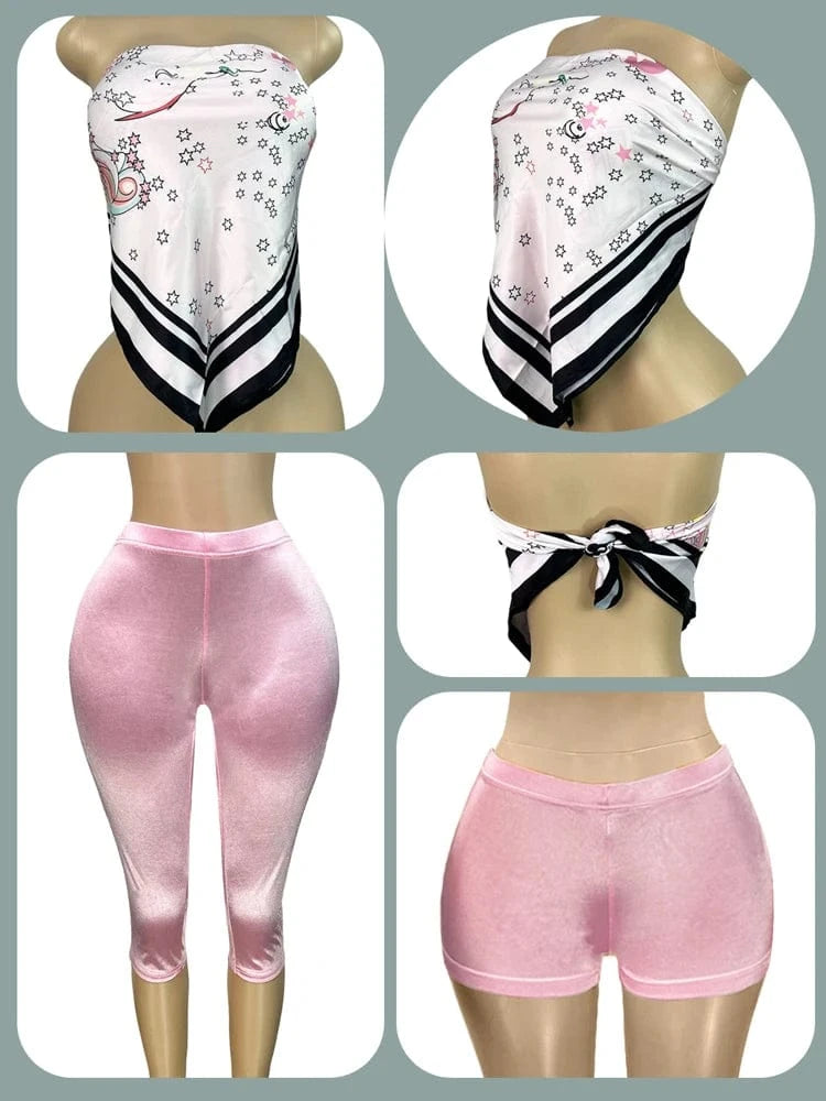 2025 Summer 2 Piece Set Woman Outfits Backless Print Scarf Tops and Shorts Suits Streetwear Sexy Club Two Piece Matching Sets