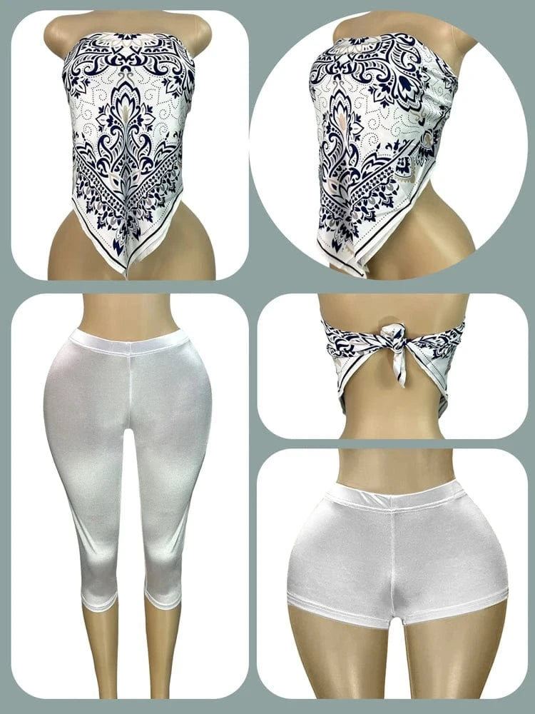 2025 Summer 2 Piece Set Woman Outfits Backless Print Scarf Tops and Shorts Suits Streetwear Sexy Club Two Piece Matching Sets