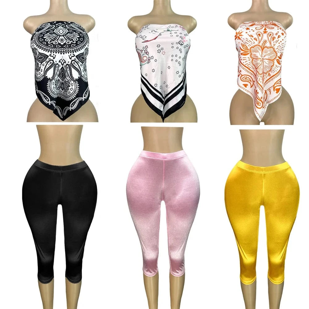 2025 Summer 2 Piece Set Woman Outfits Backless Print Scarf Tops and Shorts Suits Streetwear Sexy Club Two Piece Matching Sets