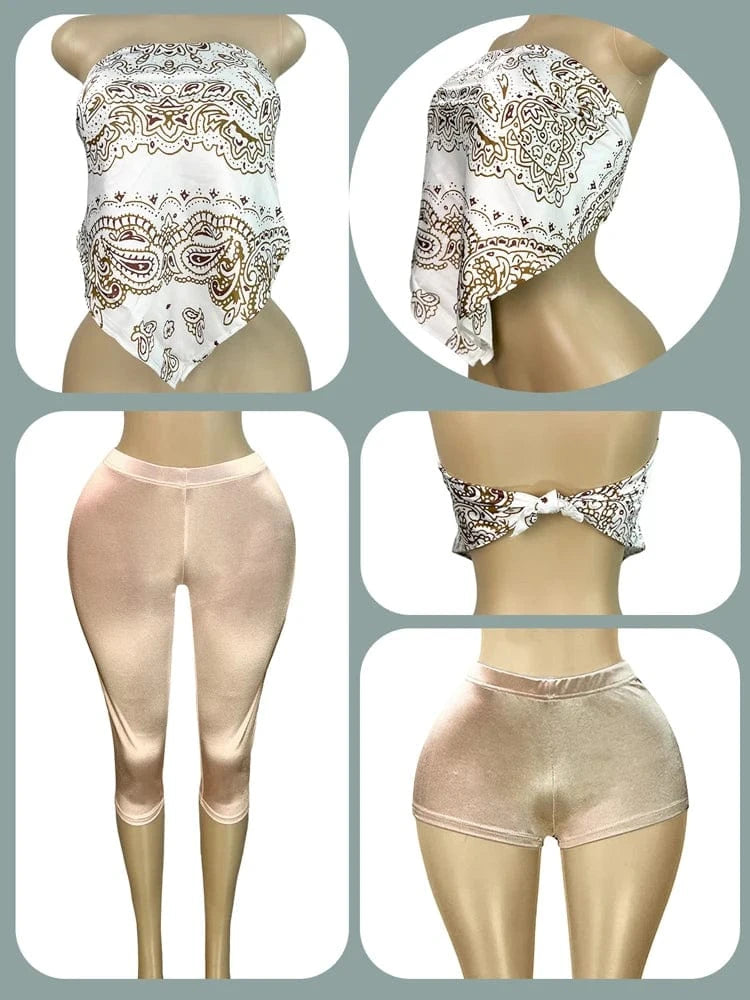2025 Summer 2 Piece Set Woman Outfits Backless Print Scarf Tops and Shorts Suits Streetwear Sexy Club Two Piece Matching Sets
