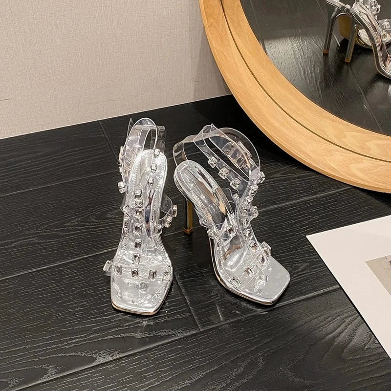 2025 Summer New Style Sexy Transparent Belt Rhinestone Square Toe Thin Heel Sandals