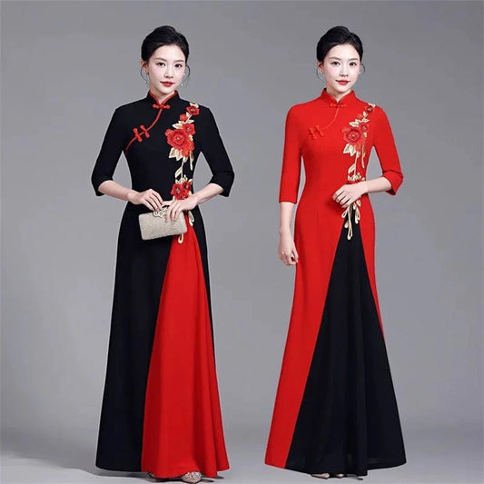 2025 Summer Women New Middle aged Elderly Dress Improved High end Non Ironing Show Elegant Slim And Long Embroide Red Dress 6XL