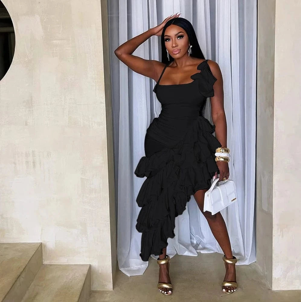 2025 Summer Women Sexy Dress Bodycon Sleeveless Asymmetrical Tierred Ruffles Party Dresses Spaghetti Strap Birthday Vestidos