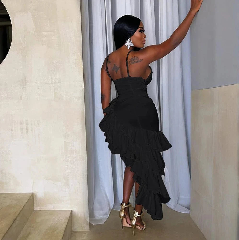 2025 Summer Women Sexy Dress Bodycon Sleeveless Asymmetrical Tierred Ruffles Party Dresses Spaghetti Strap Birthday Vestidos