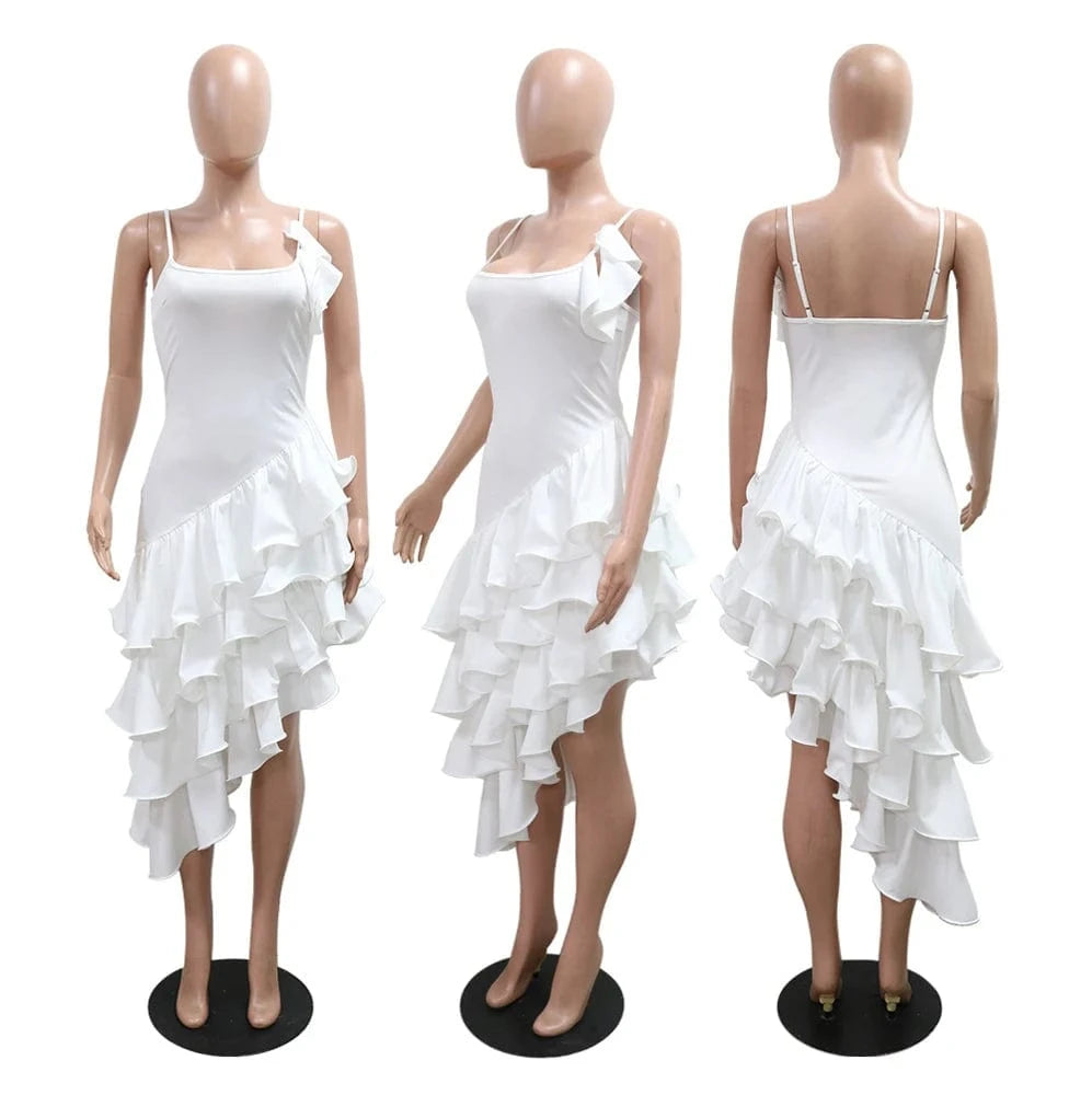2025 Summer Women Sexy Dress Bodycon Sleeveless Asymmetrical Tierred Ruffles Party Dresses Spaghetti Strap Birthday Vestidos