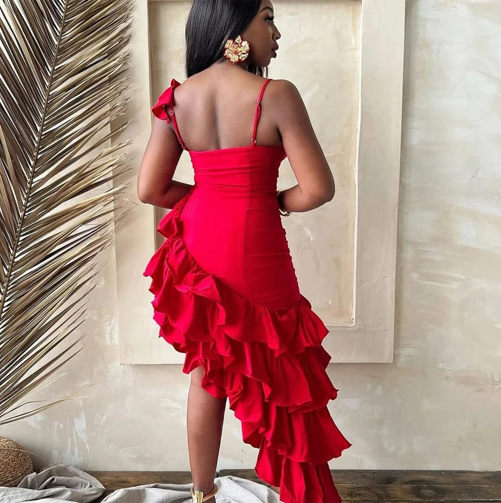 2025 Summer Women Sexy Dress Bodycon Sleeveless Asymmetrical Tierred Ruffles Party Dresses Spaghetti Strap Birthday Vestidos