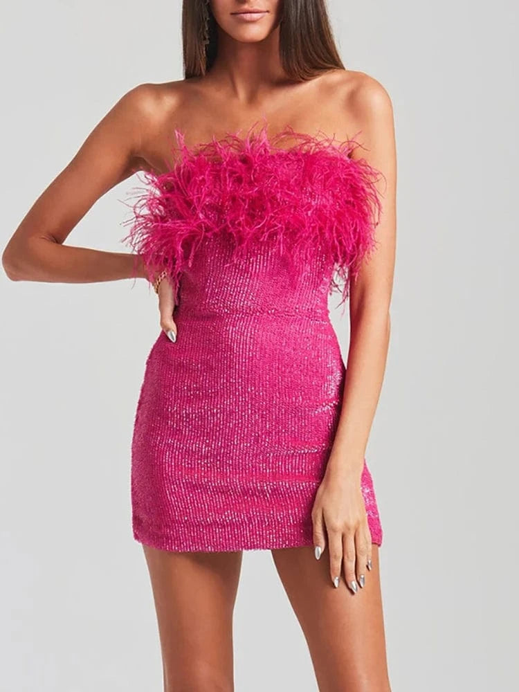 2025 Summer Women Sexy Strapless Ostrich Feathers Sequins Hot Pink Violet Bodycon Dress High Street Party Dress Vestidos