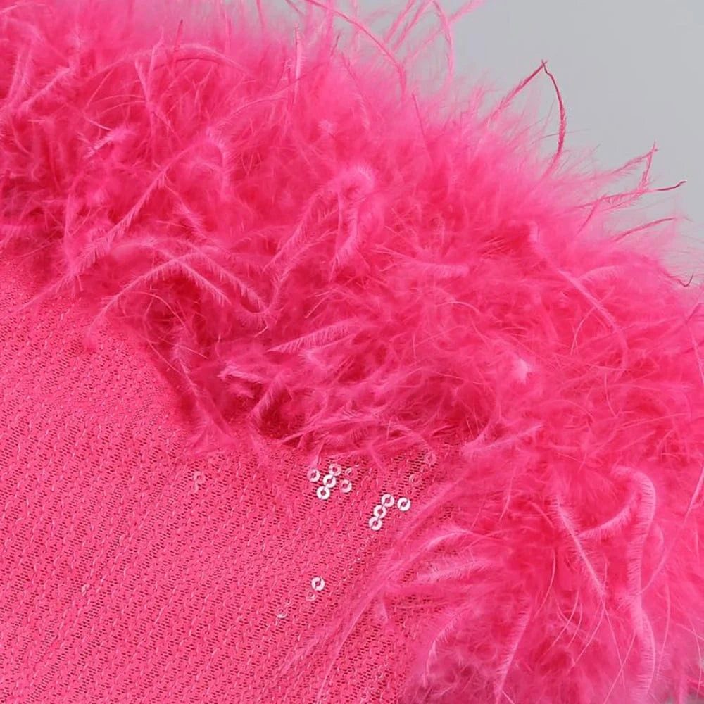2025 Summer Women Sexy Strapless Ostrich Feathers Sequins Hot Pink Violet Bodycon Dress High Street Party Dress Vestidos