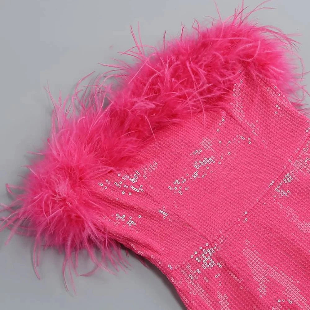 2025 Summer Women Sexy Strapless Ostrich Feathers Sequins Hot Pink Violet Bodycon Dress High Street Party Dress Vestidos