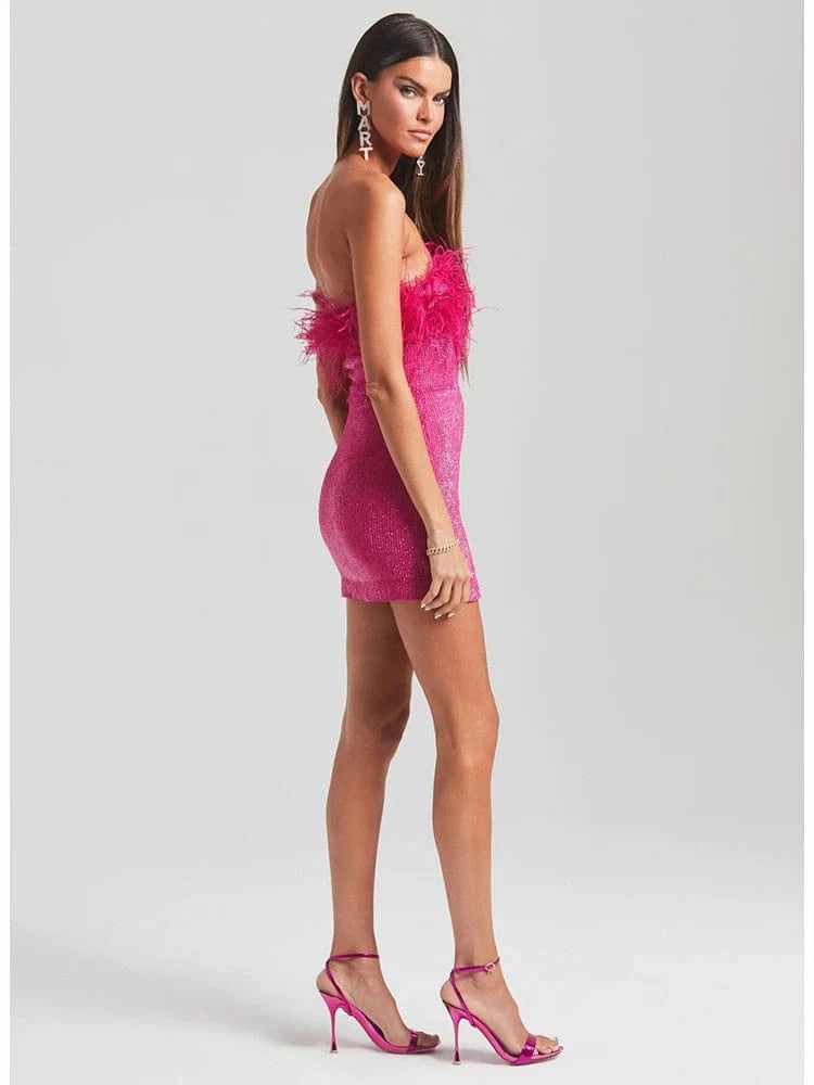 2025 Summer Women Sexy Strapless Ostrich Feathers Sequins Hot Pink Violet Bodycon Dress High Street Party Dress Vestidos