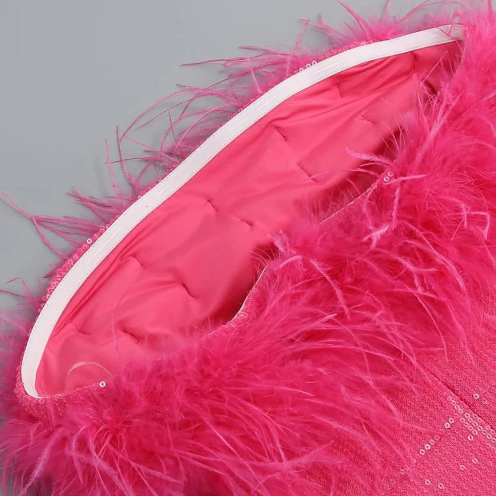 2025 Summer Women Sexy Strapless Ostrich Feathers Sequins Hot Pink Violet Bodycon Dress High Street Party Dress Vestidos