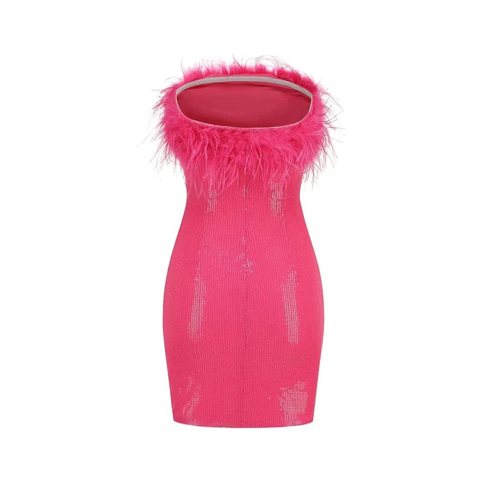 2025 Summer Women Sexy Strapless Ostrich Feathers Sequins Hot Pink Violet Bodycon Dress High Street Party Dress Vestidos