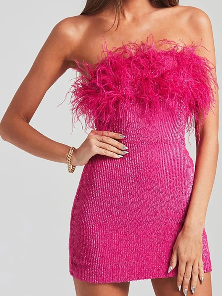 2025 Summer Women Sexy Strapless Ostrich Feathers Sequins Hot Pink Violet Bodycon Dress High Street Party Dress Vestidos