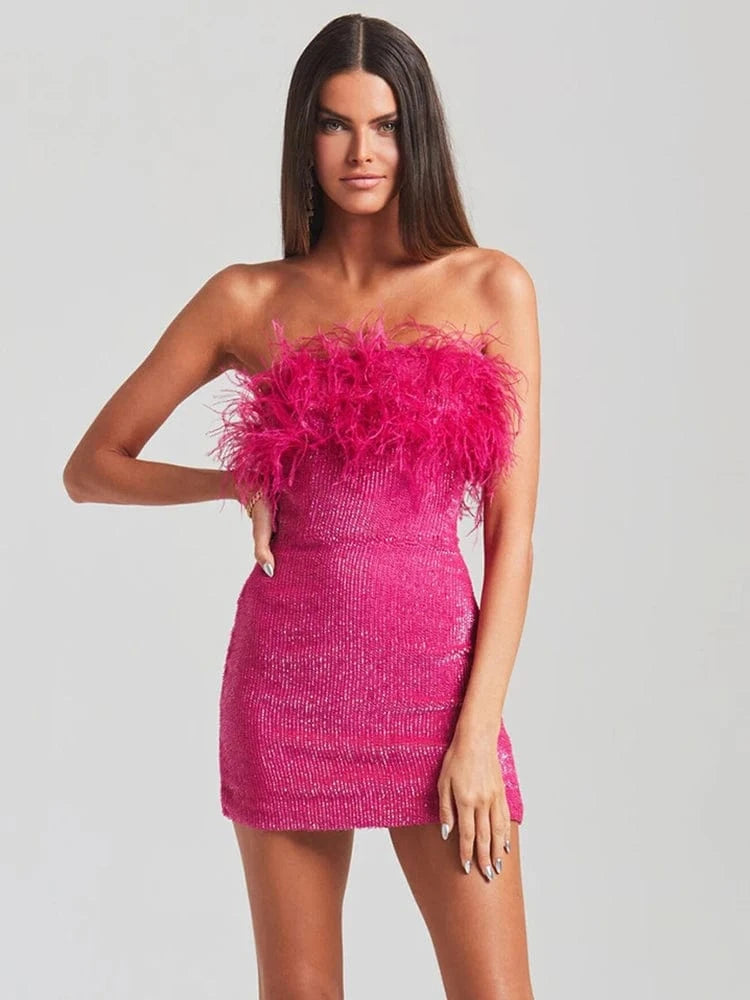 2025 Summer Women Sexy Strapless Ostrich Feathers Sequins Hot Pink Violet Bodycon Dress High Street Party Dress Vestidos
