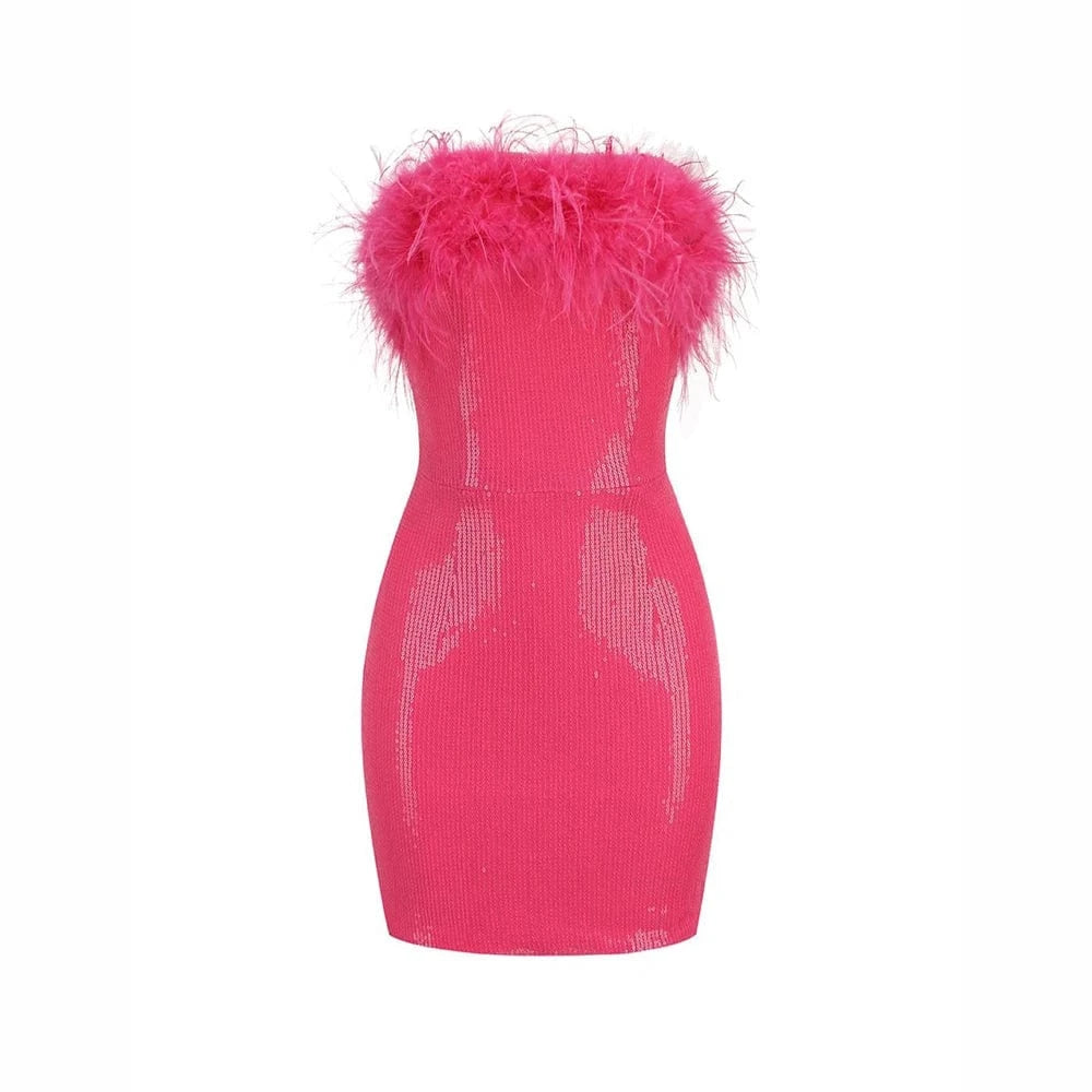 2025 Summer Women Sexy Strapless Ostrich Feathers Sequins Hot Pink Violet Bodycon Dress High Street Party Dress Vestidos
