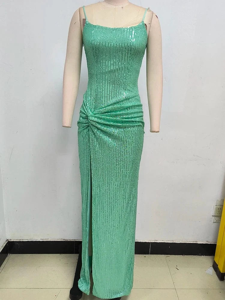 2025 Trendy Inspired Women Sequin Spaghetti Strap Maxi Dress with Square Neckline High Side Slit for Retro-Themed Evening Galas